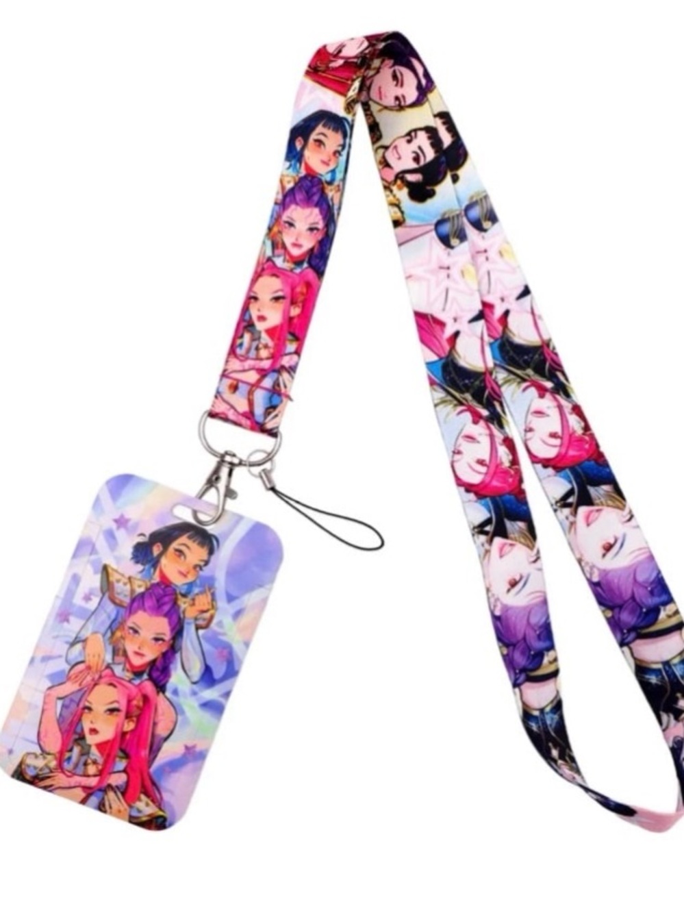 K Pop Anime Character Lanyard with Card Holder - Pink, Purple, Blue